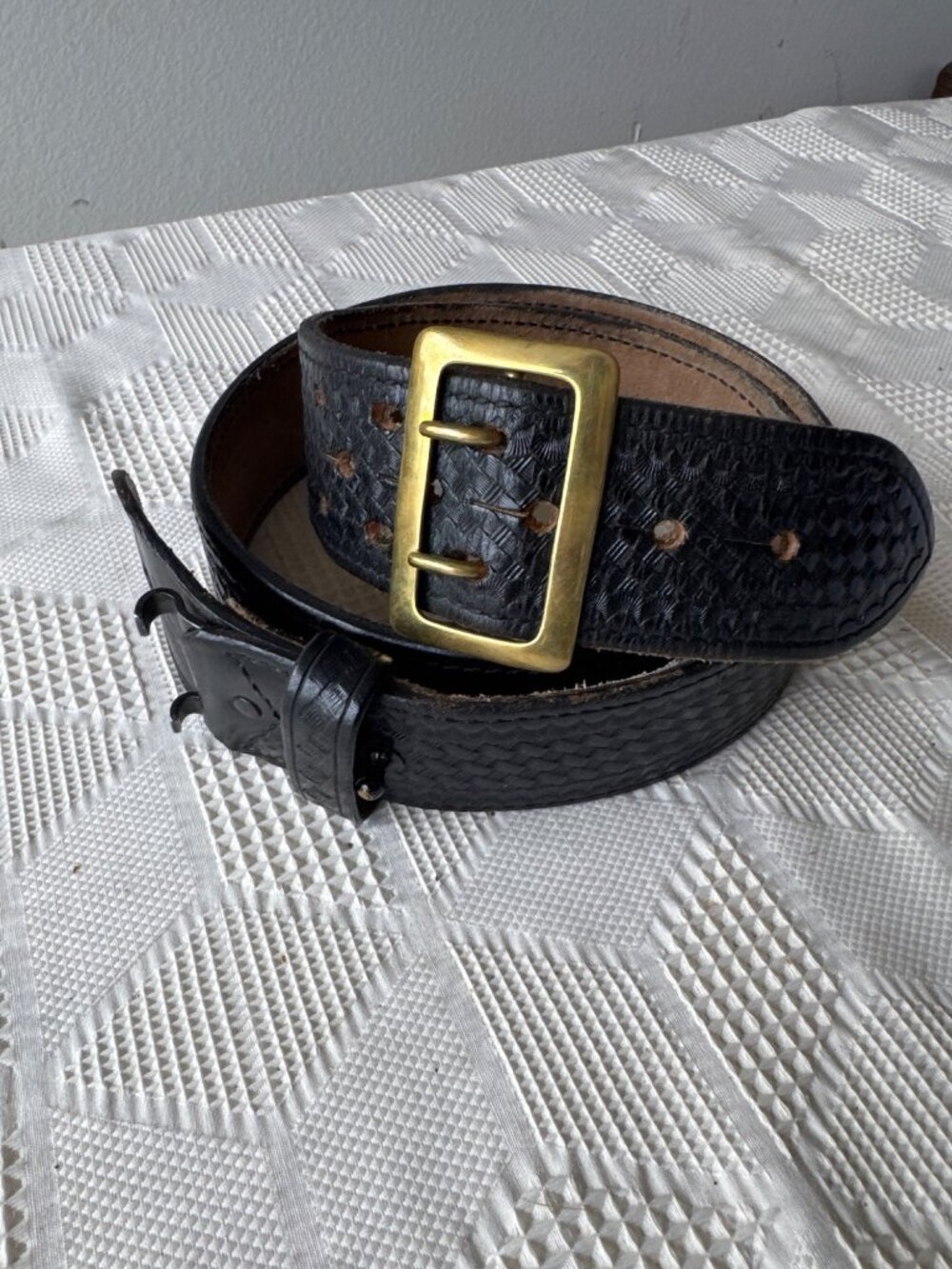 Vintage Aker Black Duty Belt w Brass Buckle Size 42 Tooled Leather Gun Belt